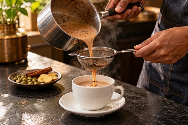 Illustration: Barista straining fresh masala chai. Fictional scene; not a photograph of this business or its actual menu.