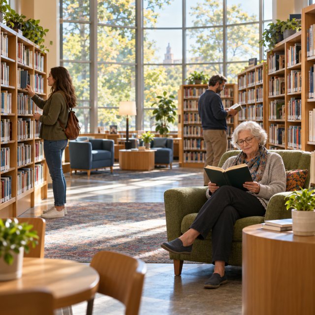 Illustration: Libraries & reading. Fictional scene; not a photograph of this business or event.