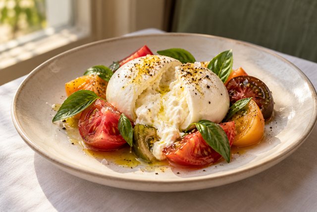 Illustration: Burrata with heirloom tomatoes. Fictional scene; not a photograph of this business or its actual menu.