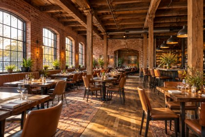 Illustration: Historic Brick Restaurant. Fictional scene; not a photograph of this business or its actual menu.
