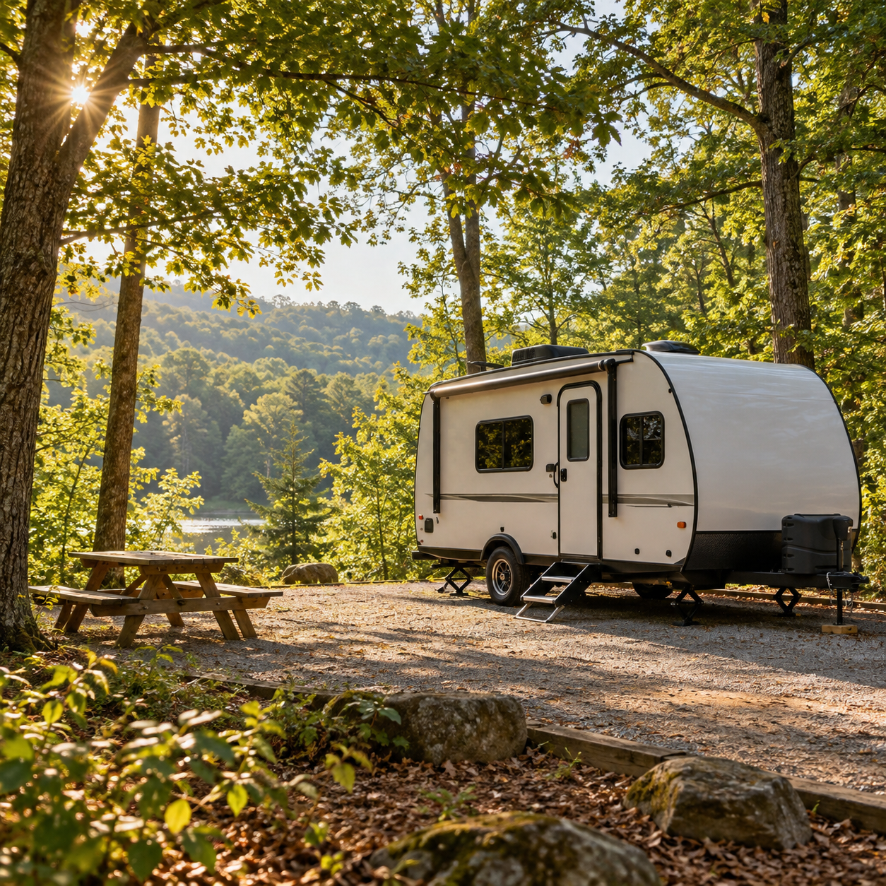 Illustration: A modest unbranded travel trailer at a wooded Piedmont campground with a picnic table. Fictional scene; not a photograph of this named venue or organization.