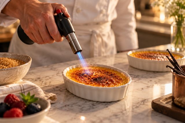 Illustration: Chef caramelizing creme brulee. Fictional scene; not a photograph of this business or its actual menu.