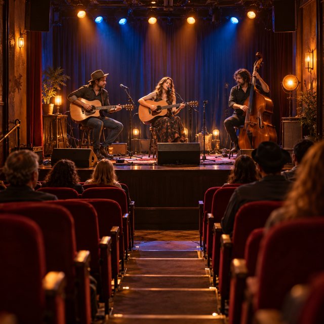 Illustration: Theater & live music. Fictional scene; not a photograph of this business or event.