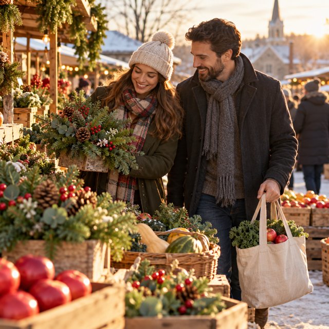 AI illustration: A festive small town market with handmade evergreen centerpieces, winter produce in wooden crates, red apples and baskets, a smiling couple carrying a reusable shopping bag. Low winter sun, intimate candid frame. Illustrative scene, not a photograph of this event or venue.