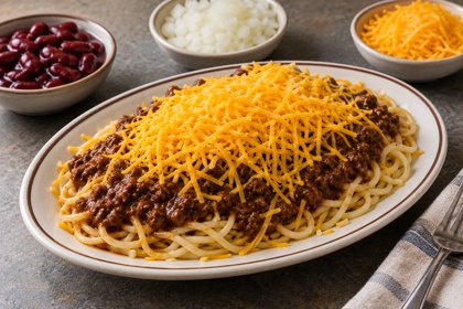 Illustration: Cincinnati Chili. Fictional scene; not a photograph of this business or its actual menu.