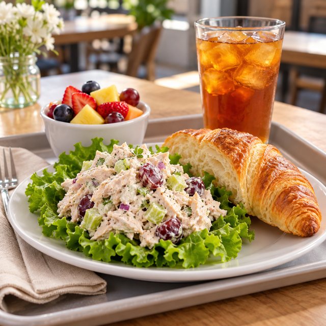 Illustration: A simple casual lunch: a scoop of creamy chopped chicken salad on lettuce, half a buttery croissant, a small cup of fruit and plain iced tea on a clean tray at a friendly café, no logo or menu text.. Fictional scene; not a photograph of this business or its actual menu.