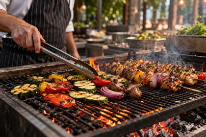 Illustration: Grilling. Fictional scene; not a photograph of this business or its actual menu.