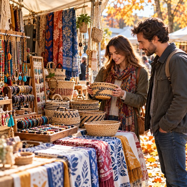 Illustration: A lively small artisan market stall displaying handwoven baskets, colorful handmade jewelry and printed textiles, two adults browsing, autumn daylight. Focus on varied crafts rather than pottery.. Fictional scene; not a photograph of this business or its actual menu.