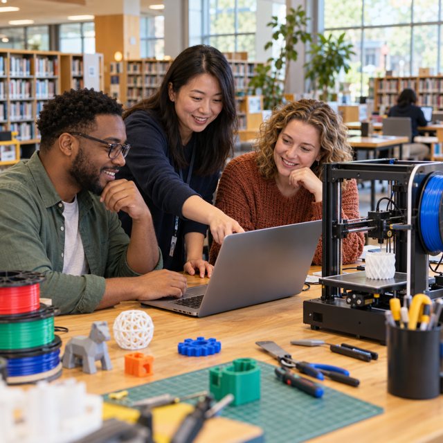 Illustration: Libraries & makerspaces. Fictional scene; not a photograph of this business or event.