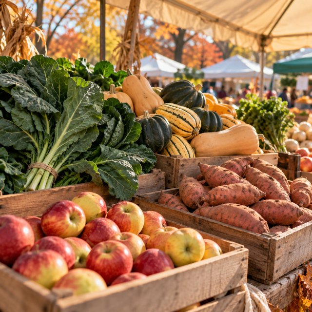 Illustration: A rustic farmers market produce stand with winter squash, collard greens, sweet potatoes and apples in wooden crates under a canvas awning, crisp November morning. Close three-quarter composition, warm earthy colors.. Fictional scene; not a photograph of this business or its actual menu.