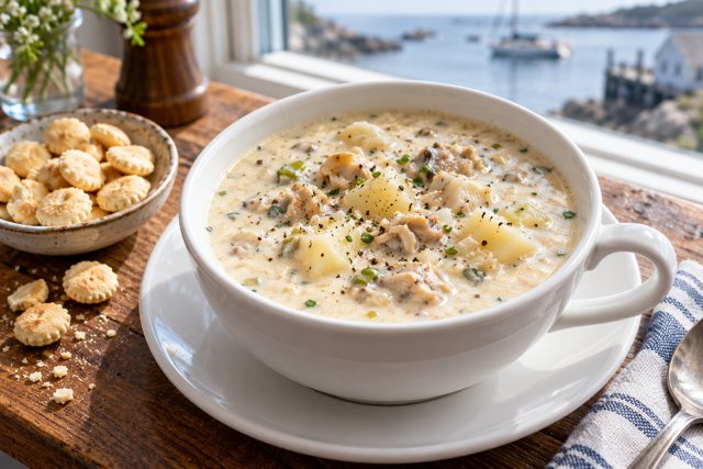 Illustration: New England Clam Chowder. Fictional scene; not a photograph of this business or its actual menu.