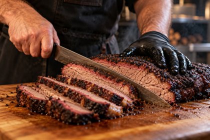 Illustration: Slicing Brisket. Fictional scene; not a photograph of this business or its actual menu.