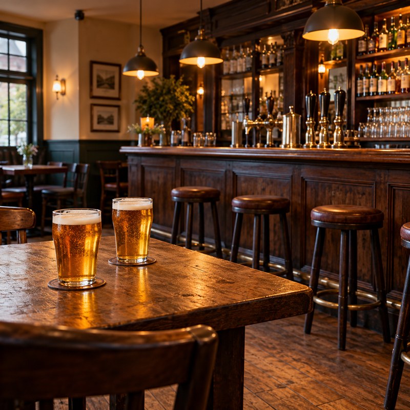 Illustration: A cozy neighborhood pub counter with two plain glasses. Generic category artwork; not a photograph of this business, place or event.