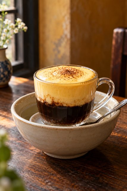 Illustration: Vietnamese egg coffee. Fictional scene; not a photograph of this business or its actual menu.