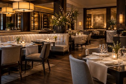 Illustration: Upscale Dining Room. Fictional scene; not a photograph of this business or its actual menu.