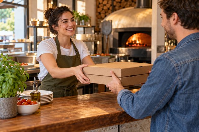 Illustration: Pizzeria staff handing takeaway boxes to a guest. Fictional scene; not a photograph of this business or its actual menu.