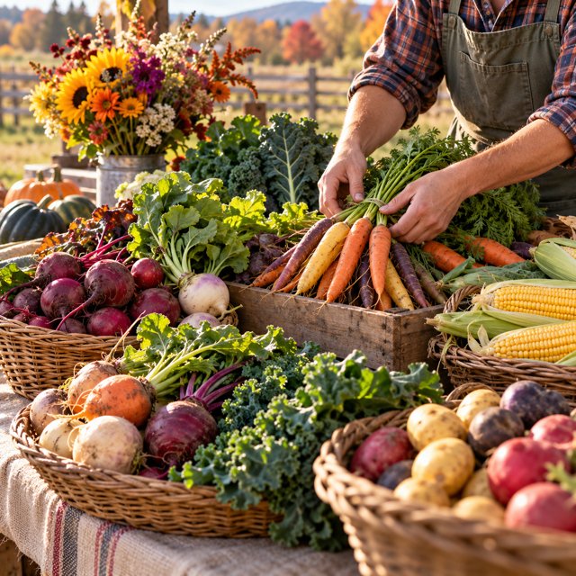 Illustration: An abundant farm harvest table with baskets of multicolored root vegetables, leafy kale, ears of corn and a modest bouquet, a vendor's hands arranging produce. Natural late autumn side light.. Fictional scene; not a photograph of this business or its actual menu.