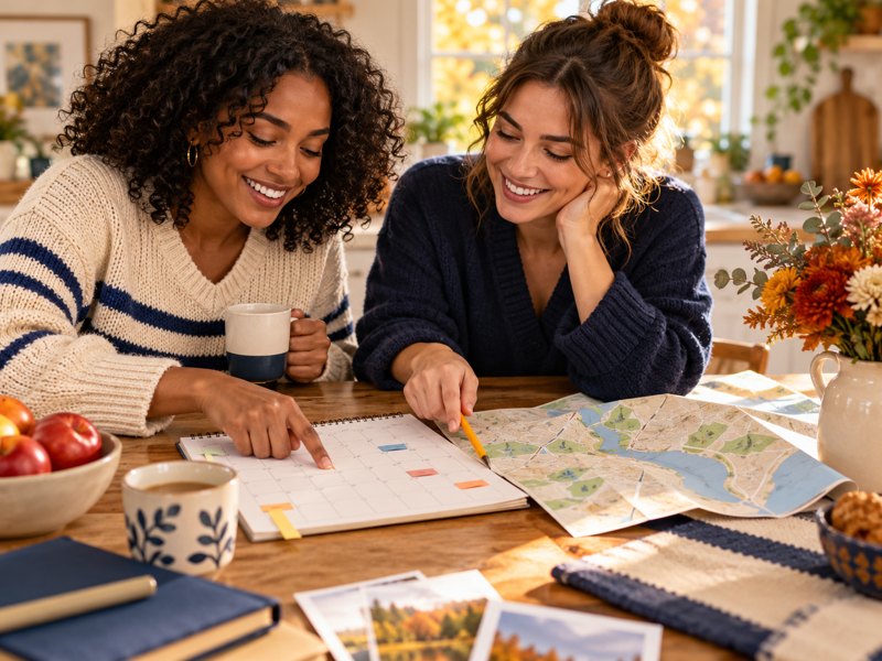 Illustration: Two adults planning local outings with a paper calendar, colorful page markers and a map at a sunlit table.. Fictional scene; not a photograph of this named venue or organization.