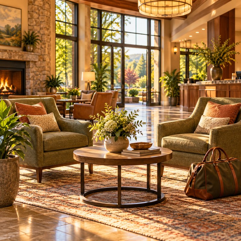 Illustration: a bright fictional hotel lobby with two comfortable armchairs, a small table and travel bag, no branding. Generic artwork; not photography of the listed business, venue, product or event.