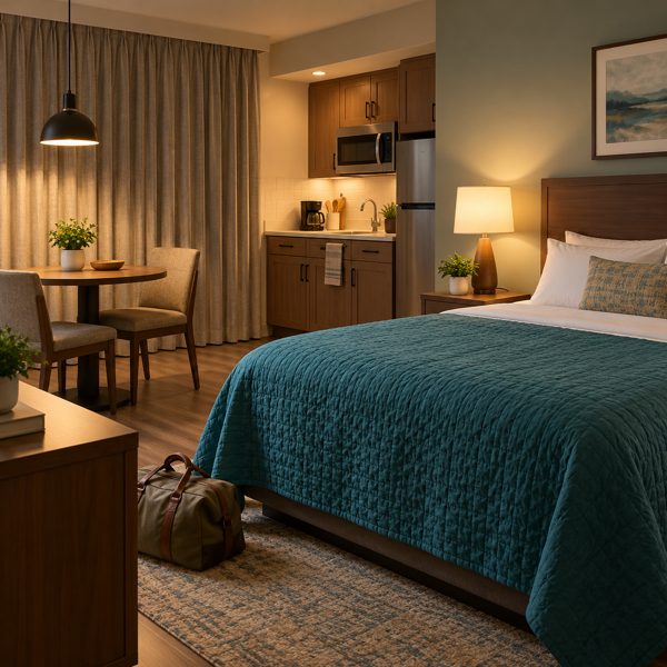 Illustration: a fictional modest extended-stay room with kitchenette, teal bedspread and closed curtains. Generic artwork; not photography of the listed business, venue, product or event.