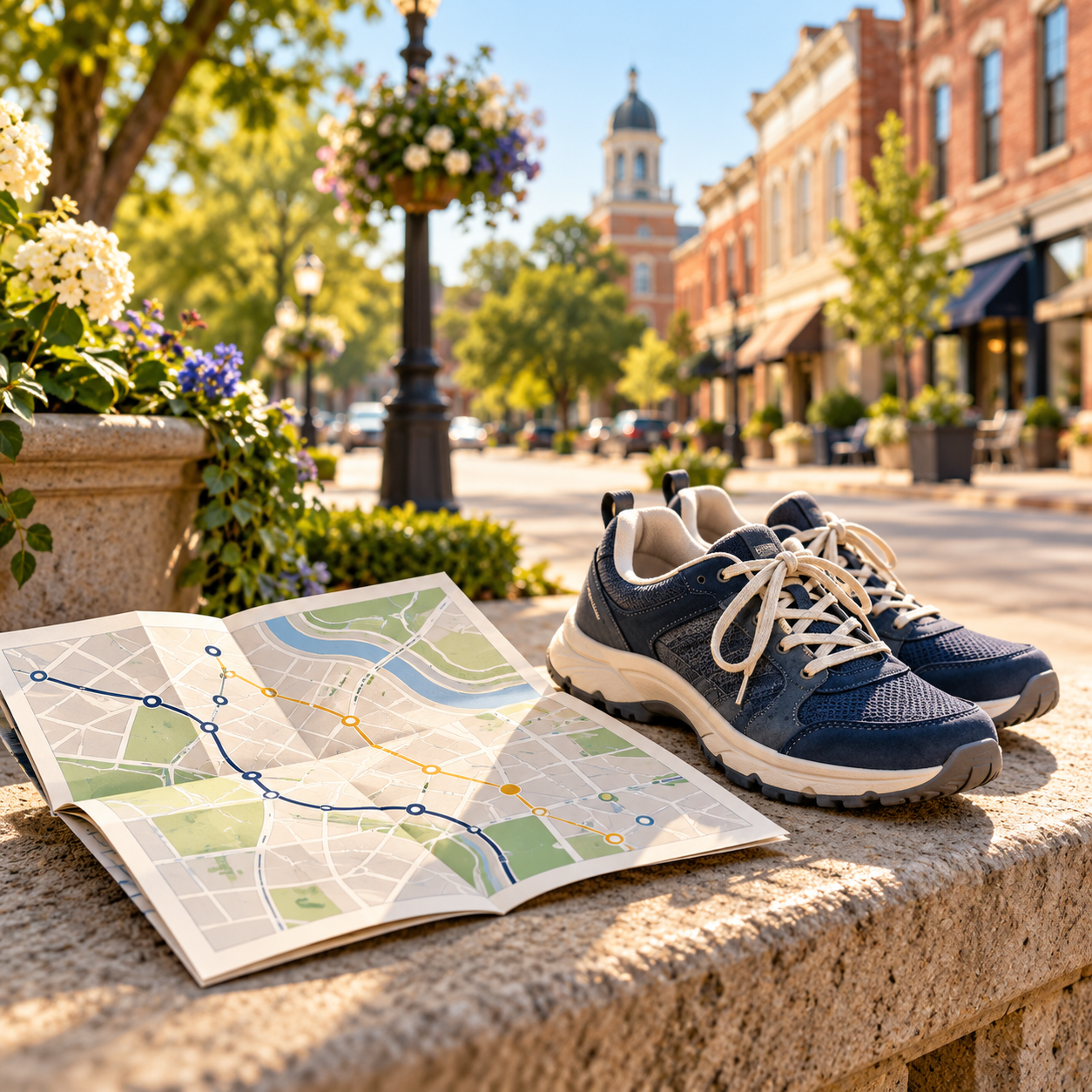 Illustration: Folded walking map and comfortable shoes on a fictional historic downtown sidewalk Generic category artwork; not a photograph of this business, venue, its products or facilities.