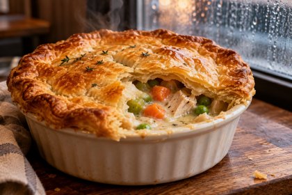 Illustration: Chicken Pot Pie. Fictional scene; not a photograph of this business or its actual menu.