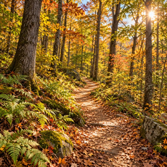 AI illustration: A winding footpath through rolling North Carolina Piedmont hardwood woodland in early autumn, amber leaves, ferns, sunlight, no mountains, empty inviting trail.; not this venue or its actual offering.