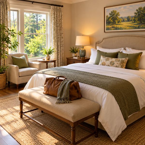 Illustration: a welcoming fictional unbranded hotel guest room with a neatly made bed, an armchair, bedside lamp and travel bag. Generic artwork; not photography of the listed business, venue, product or event.