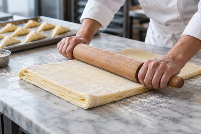 Illustration: Pastry chef laminating croissant dough. Fictional scene; not a photograph of this business or its actual menu.