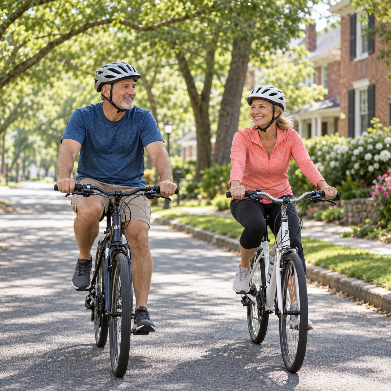 Illustration: Two adult cyclists wearing helmets on a calm tree-lined neighborhood street Generic category artwork; not a photograph of this business, venue, its products or facilities.