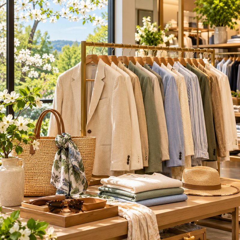 Illustration: a tasteful department-store clothing rack with neutral jackets and accessories, no branding. Fictional category artwork; not actual venue photography.