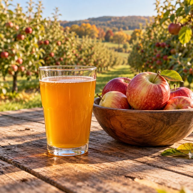 Illustration: A glass of amber apple cider and a small bowl of fresh apples on a rustic outdoor farm table, tidy apple orchard rows softly blurred behind, gentle autumn sunlight.. Fictional scene; not a photograph of this business or its actual menu.