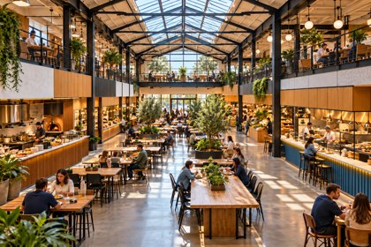 Illustration: Food Hall. Fictional scene; not a photograph of this business or its actual menu.