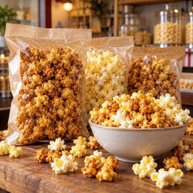 Illustration: Several unbranded clear paper bags and an overflowing small bowl of fresh gourmet popcorn, golden caramel kernels and plain buttery popcorn, cheerful small snack-shop counter softly behind.. Fictional scene; not a photograph of this business or its actual menu.