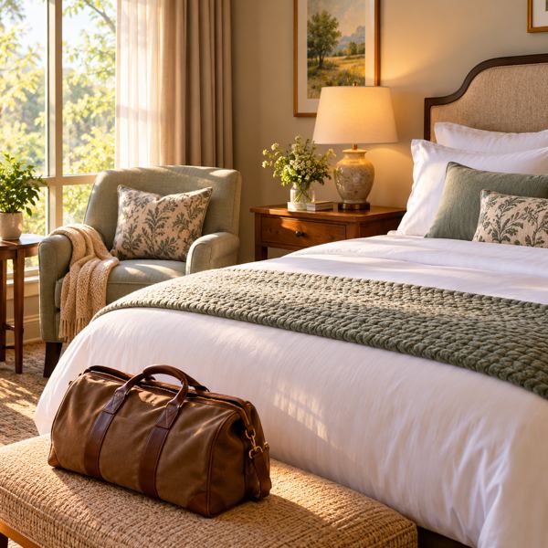 Illustration: a welcoming fictional unbranded hotel guest room with a neatly made bed, an armchair, bedside lamp and travel bag. Generic artwork; not photography of the listed business, venue, product or event.