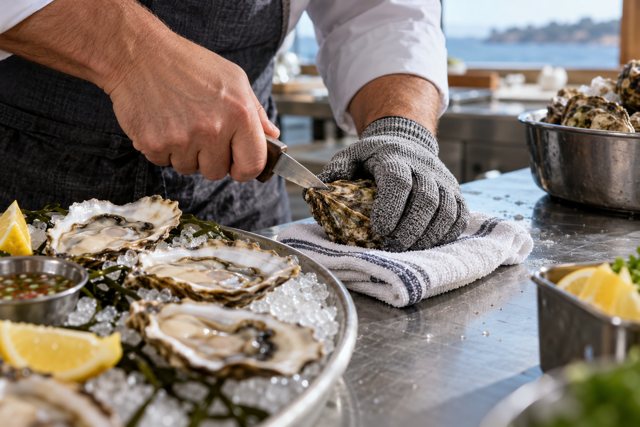 Illustration: Chef shucking oysters at a seafood bar. Fictional scene; not a photograph of this business or its actual menu.