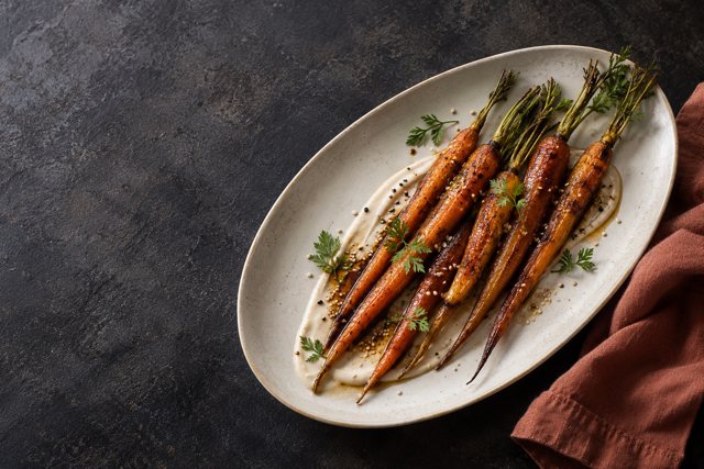 Illustration: Miso roasted carrots with sesame yogurt. Fictional scene; not a photograph of this business or its actual menu.