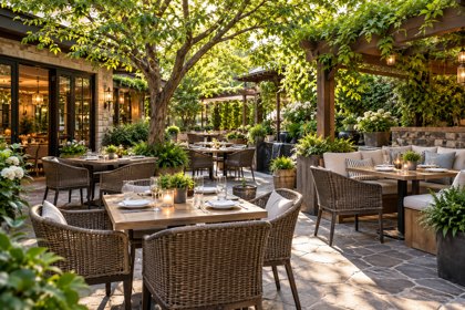 Illustration: Garden Patio. Fictional scene; not a photograph of this business or its actual menu.
