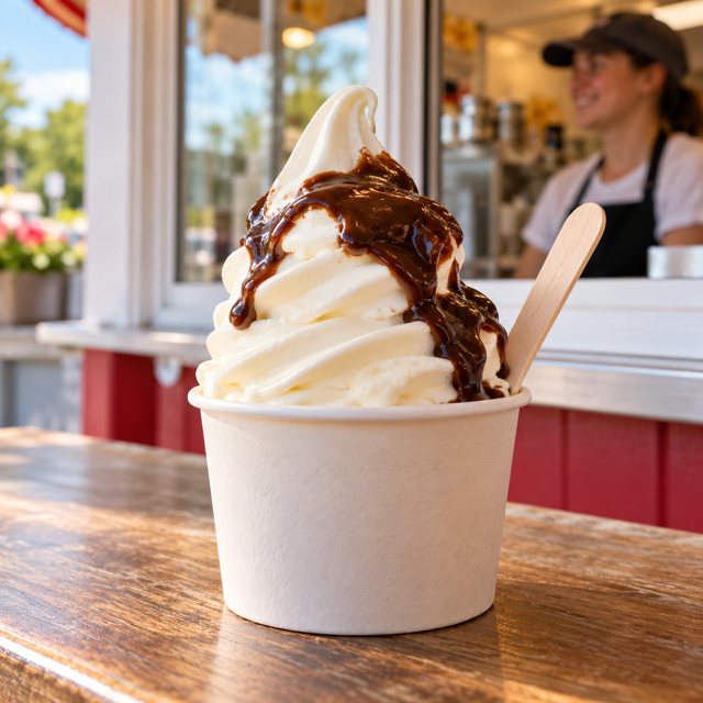 Illustration: A generous swirl of vanilla frozen custard in a plain paper cup with a modest spoonful of chocolate topping and a small spoon, a friendly ice cream shop serving window softly blurred behind.. Fictional scene; not a photograph of this business or its actual menu.