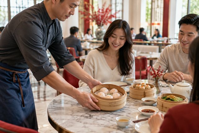 Illustration: Dim sum table service. Fictional scene; not a photograph of this business or its actual menu.