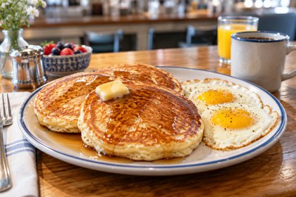 AI illustration: Pancakes And Eggs; not this venue or its actual offering.