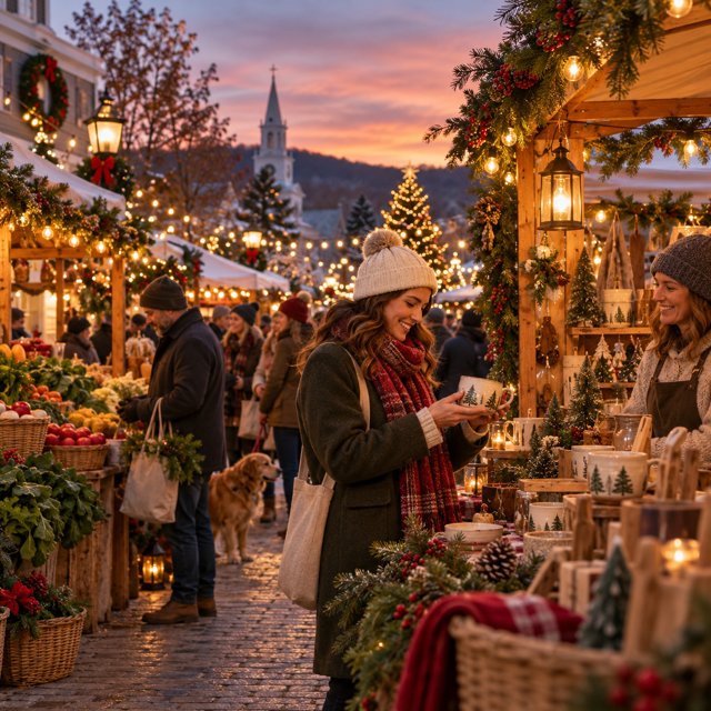 Illustration: A cheerful small-town outdoor holiday craft and farmers market at dusk, evergreen garlands, simple stalls with produce and handcrafted gifts, warm lights, no text.. Fictional scene; not a photograph of this business or its actual menu.
