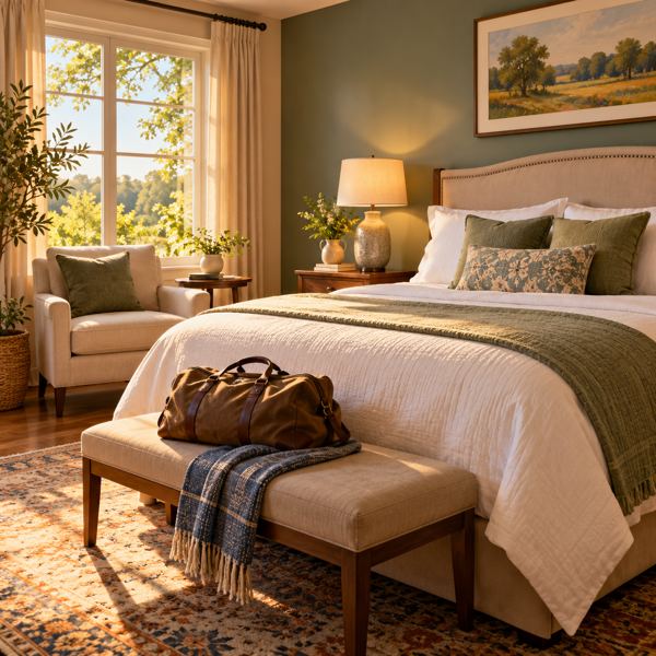 Illustration: a welcoming fictional unbranded hotel guest room with a neatly made bed, an armchair, bedside lamp and travel bag. Generic artwork; not photography of the listed business, venue, product or event.
