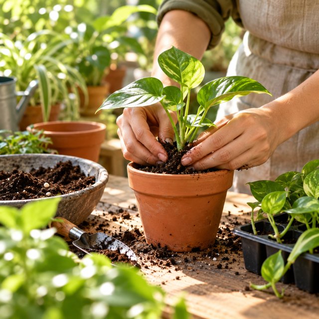 Illustration: Hands placing a small leafy plant cutting into a terracotta pot on a sunlit gardening workbench, fresh soil and plant trays, lush green leaves, no faces or text.. Fictional scene; not a photograph of this business or its actual menu.