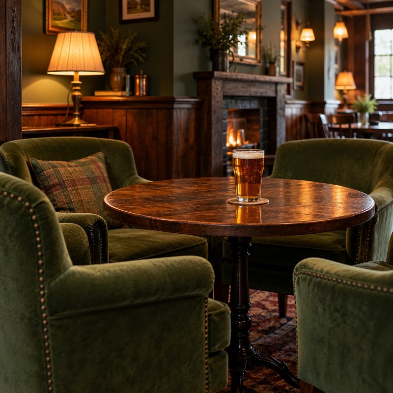 Illustration: A small casual pub lounge with green upholstered chairs. Generic category artwork; not a photograph of this business, place or event.