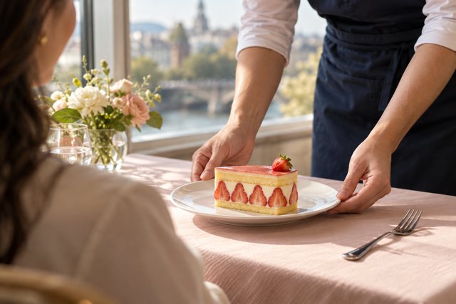Illustration: Waitstaff serving strawberry fraisier cake. Fictional scene; not a photograph of this business or its actual menu.