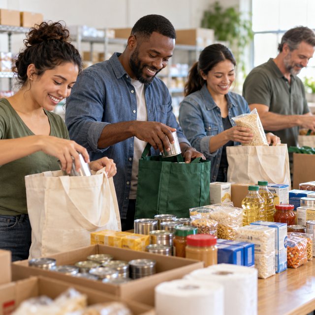Illustration: Volunteering & food support. Fictional scene; not a photograph of this business or event.