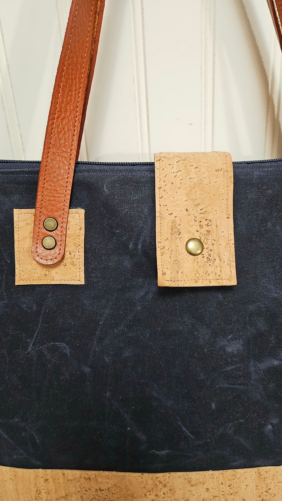 Thumbnail: Leather Strap and tab highlight on Versitile Navy and Cork Tote