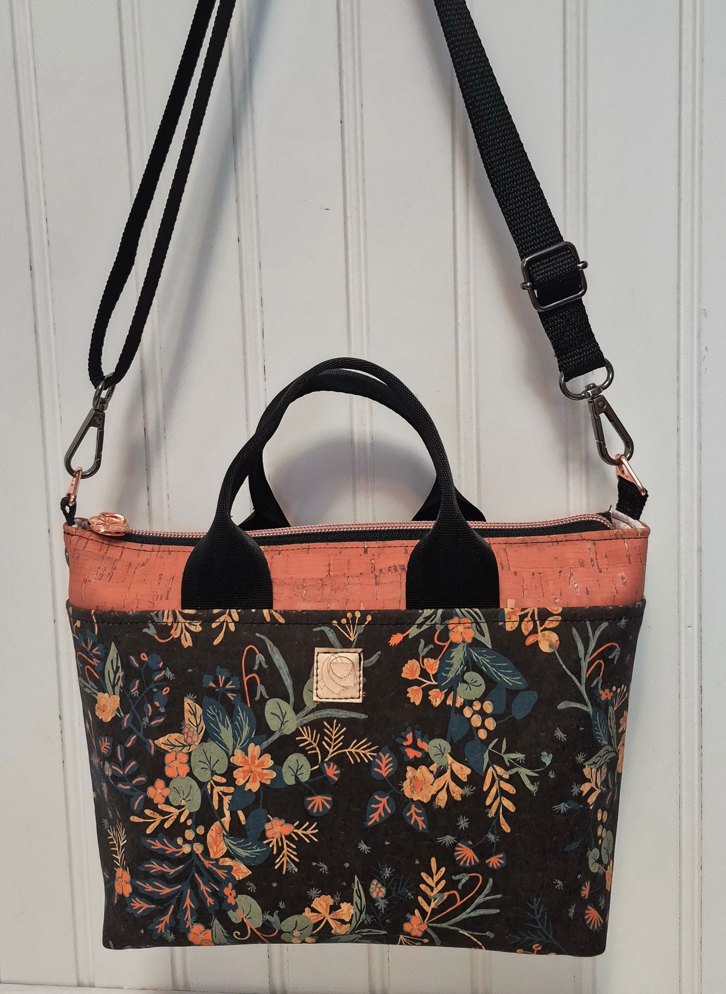 Floral Cork Tote using solid mauve cork, black with mauve floral print