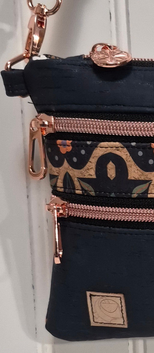 Thumbnail: Black and Coral Print Cork Crossbody double zipper detail